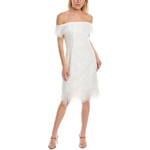 $395 Aidan Mattox Bone White Lace Off Shoulder Feather Hem Fitted Midi Dress